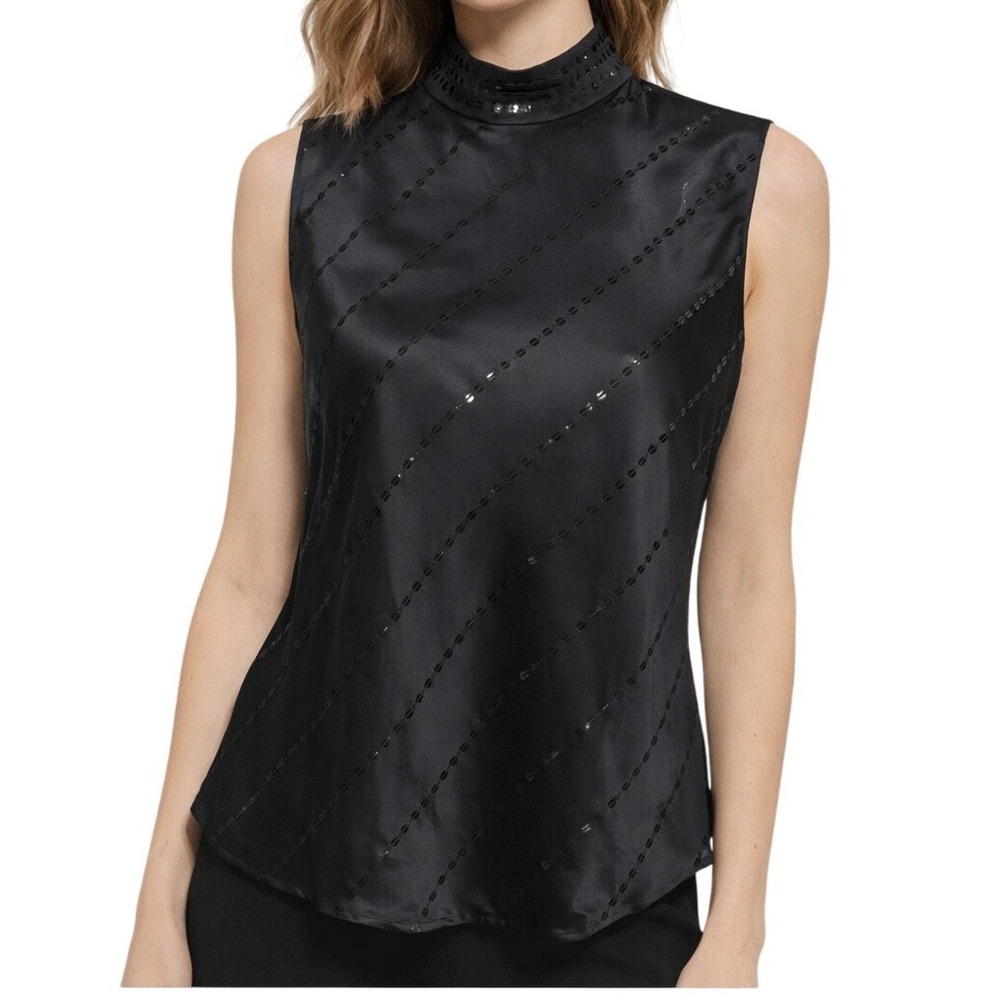 Y2K‎ Vintage Planet Lauren G Silk Sequin Blouse Large Sleeveless Mock Neck Top